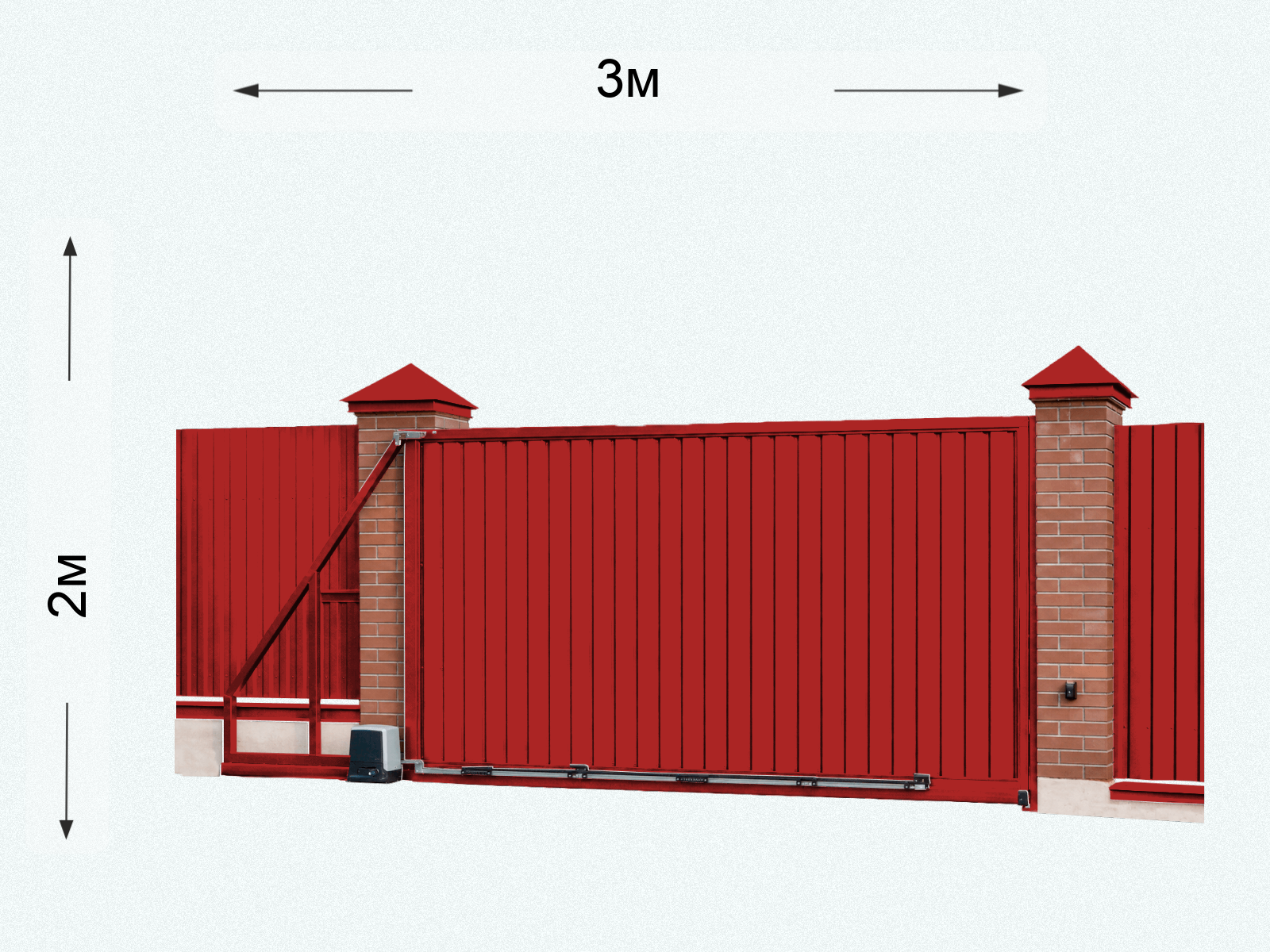 Откатные ворота на кирпичных столбах 2×3 м из профнастила