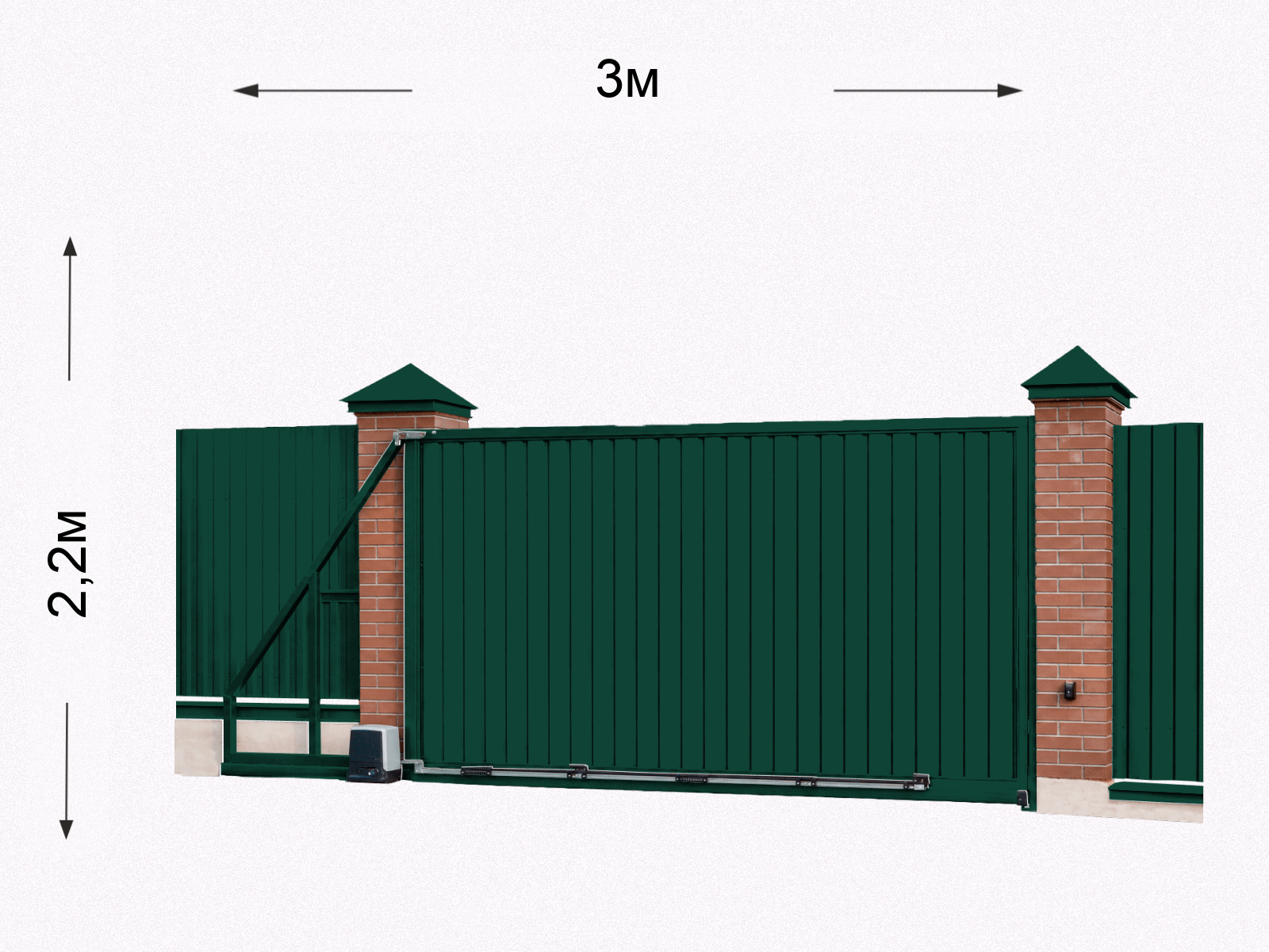 Откатные ворота на кирпичных столбах 2,2×3 м из профнастила